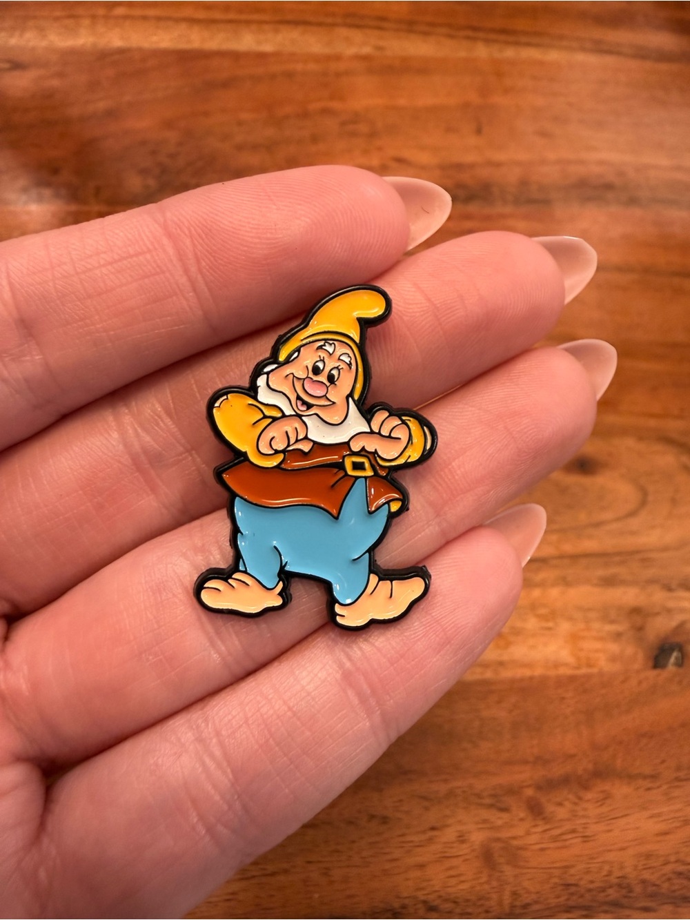Snow White Enamel Pin featuring Classic Happy Dwarf in Yellow Hat & Blue Pants